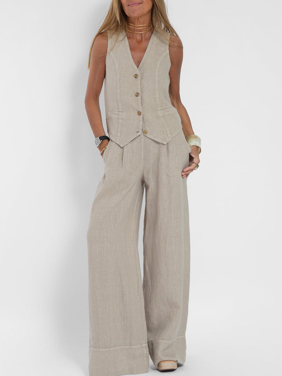 Aira - Buttoned Waistcoat & Wide‑Leg Trousers Co‑ord