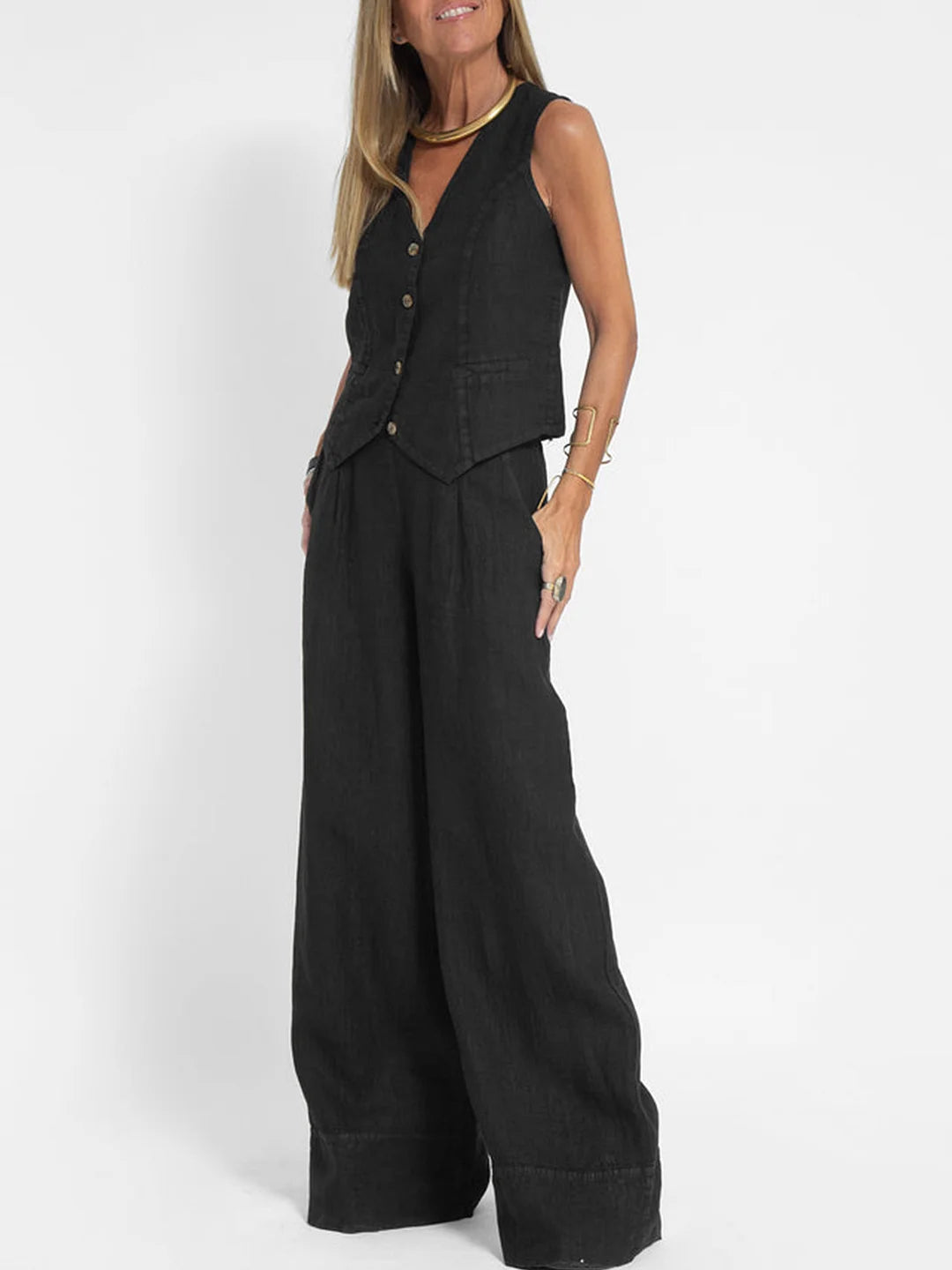 Aira - Buttoned Waistcoat & Wide‑Leg Trousers Co‑ord