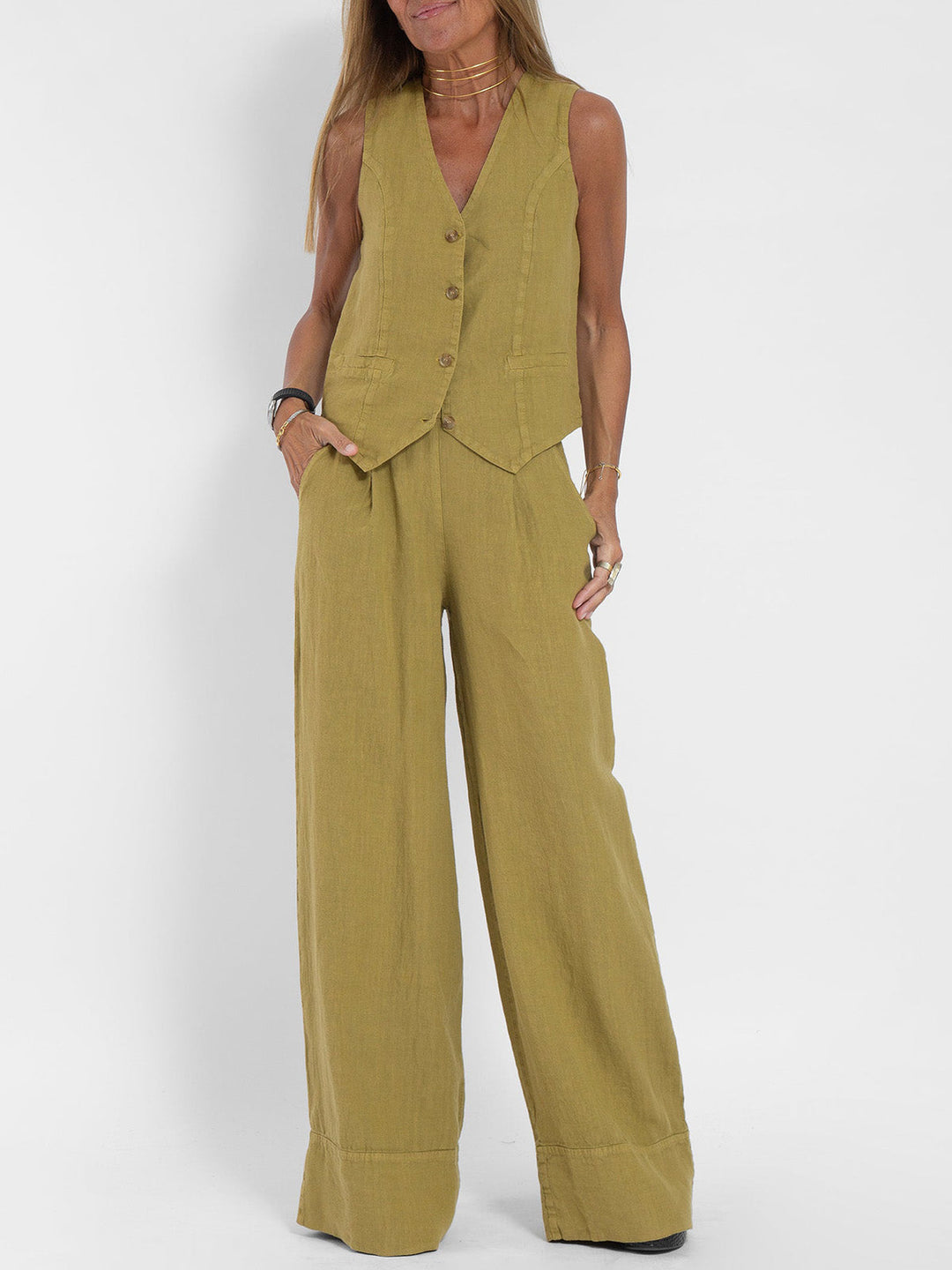 Aira - Buttoned Waistcoat & Wide‑Leg Trousers Co‑ord